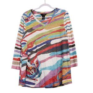 Ali Miles Blouse Size Medium Rainbow Stretch Colorful Artsy Boho Stretch Knit